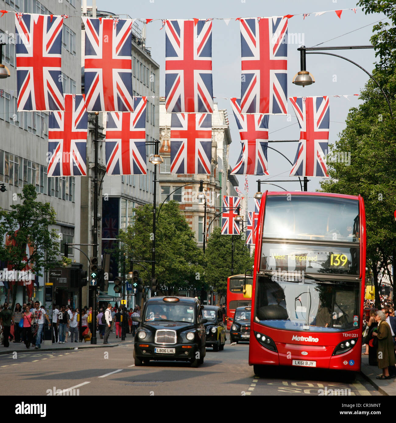Oxford Street in London, decorated with union jack flags to celebrate