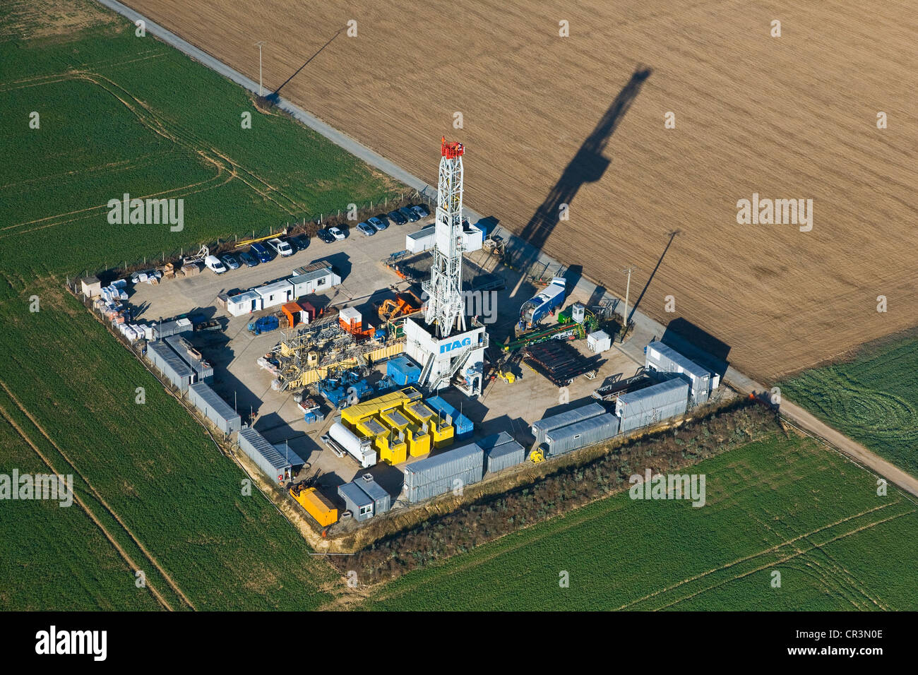 France, Yvelines, Beynes, ITAG Forage, drilling for the storage of underground natural gaz in aquifer tables (aerial view) Stock Photo