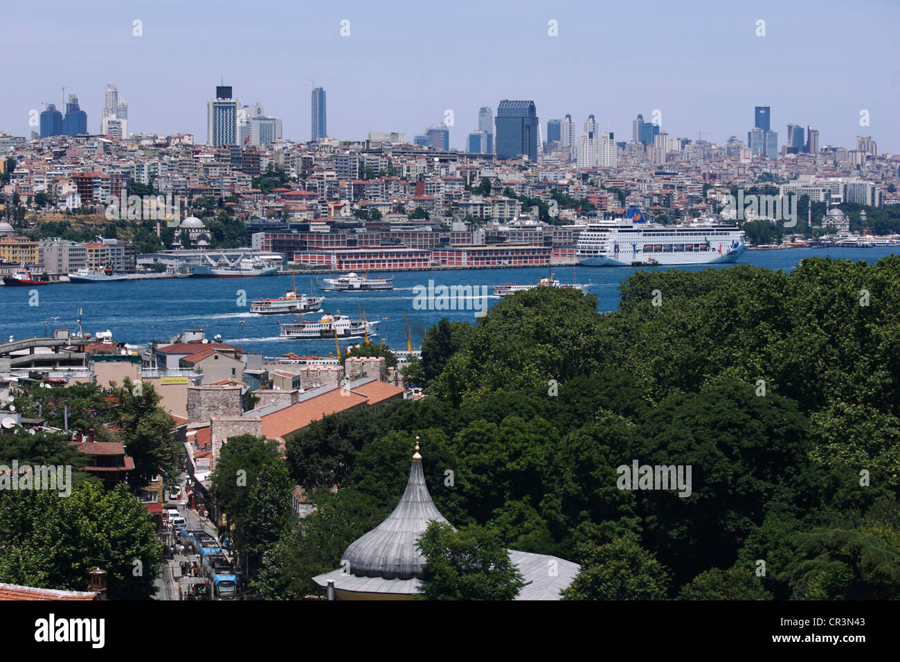 Turkey, Istanbul, Bosphorus seen from the peninsula with the business District on a hill at the city periphery Stock Photo