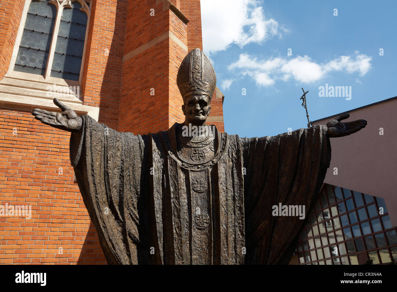 Eastern Europe Poland Tarnow Statue of Pope John Paul II outside Cathedral Stock Photo