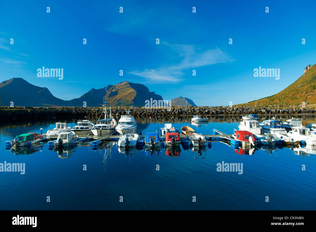 Boats moored in the harbour, fishing village of Storvik, Nordland, Norway, Scandinavia, Europe Stock Photo