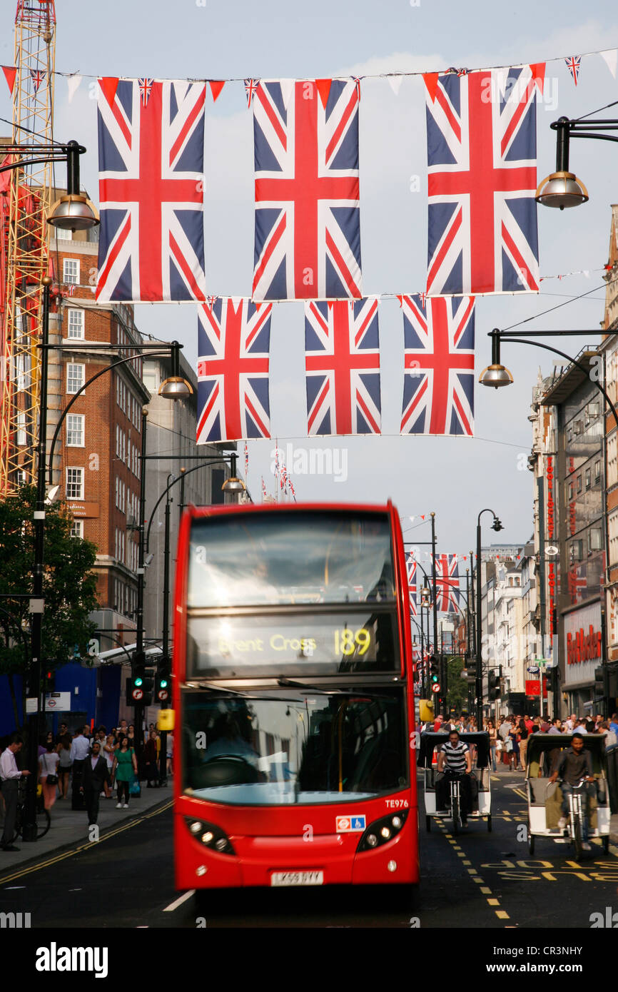 Oxford Street in London, decorated with union jack flags to celebrate