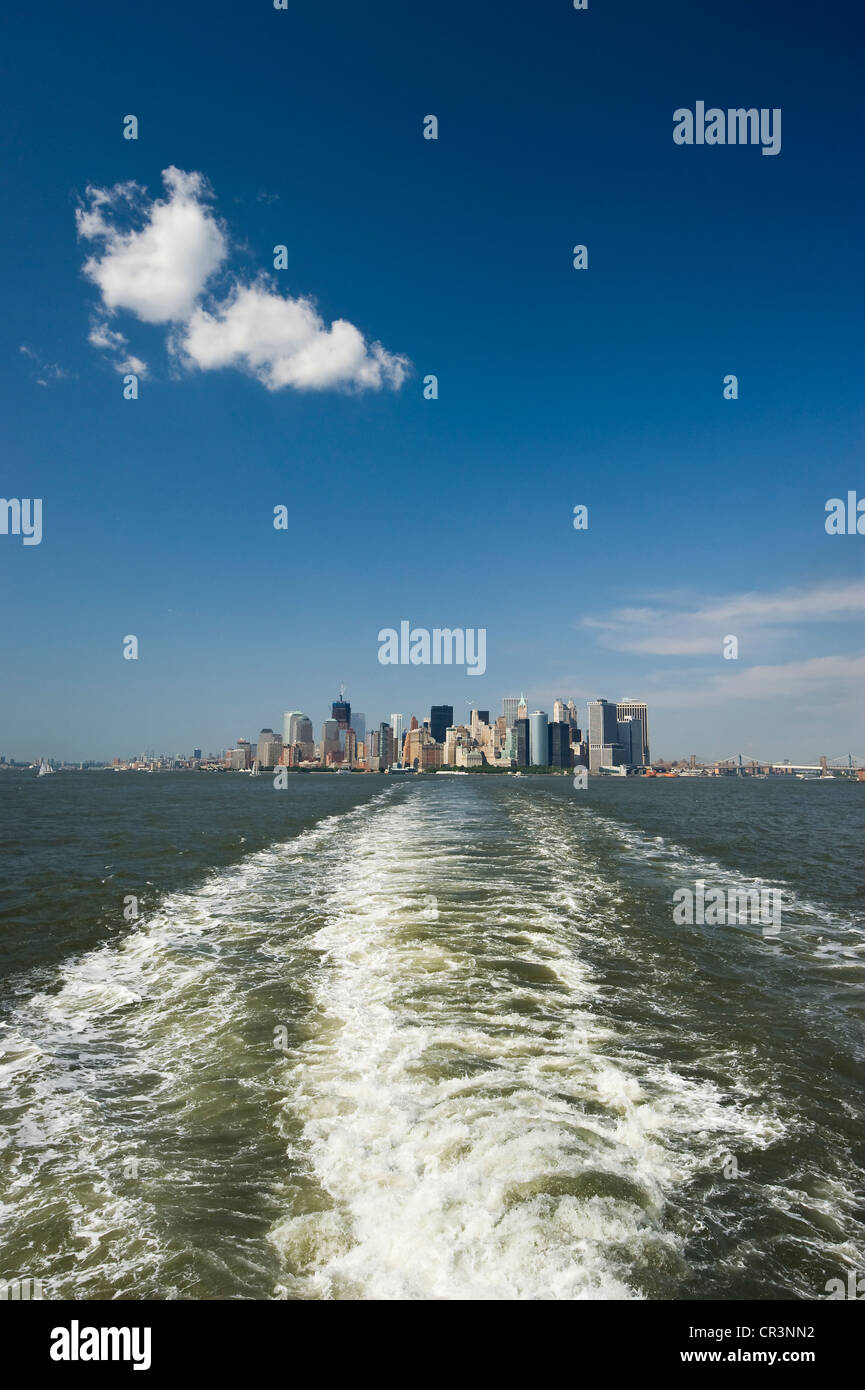 View towards the skyline of Manhattan from the Staten Island Ferry, New York, USA Stock Photo