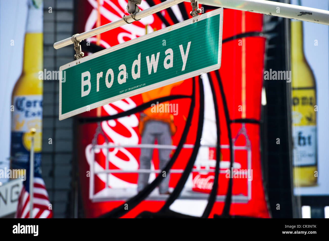 Broadway street sign and neon sign in Times Square, Manhattan, New York, USA, America Stock Photo