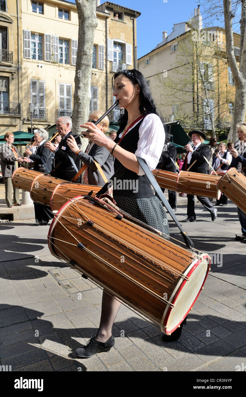 Female Drummer & Flautist in Procession of Provençal Drummers at Tambourins Festival on the Cours Mirabeau Aix-en-Provence Provence France Stock Photo