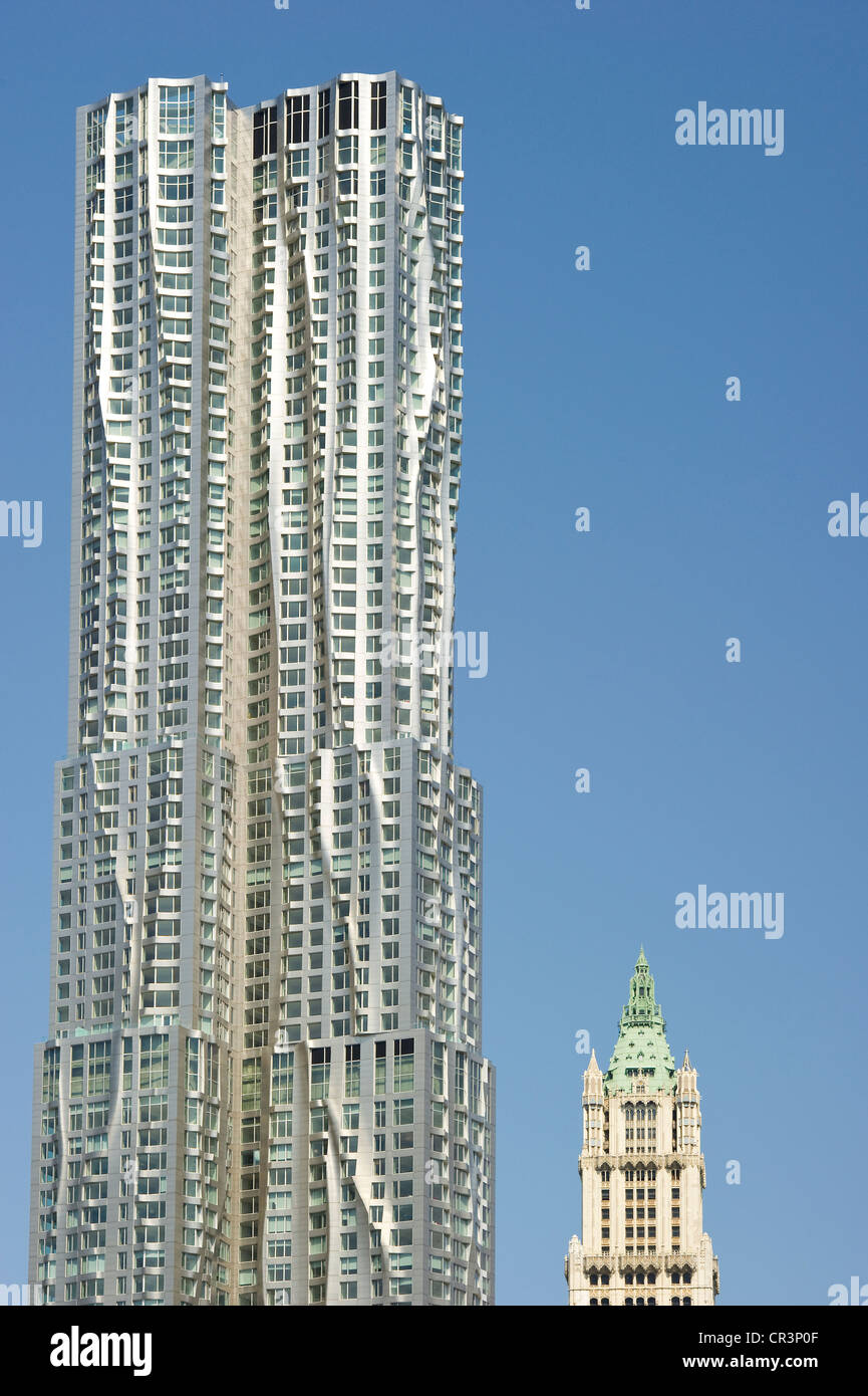 New York by Gehry, skyscraper by architect Frank Gehry, 8 Spruce Street, and the top of the