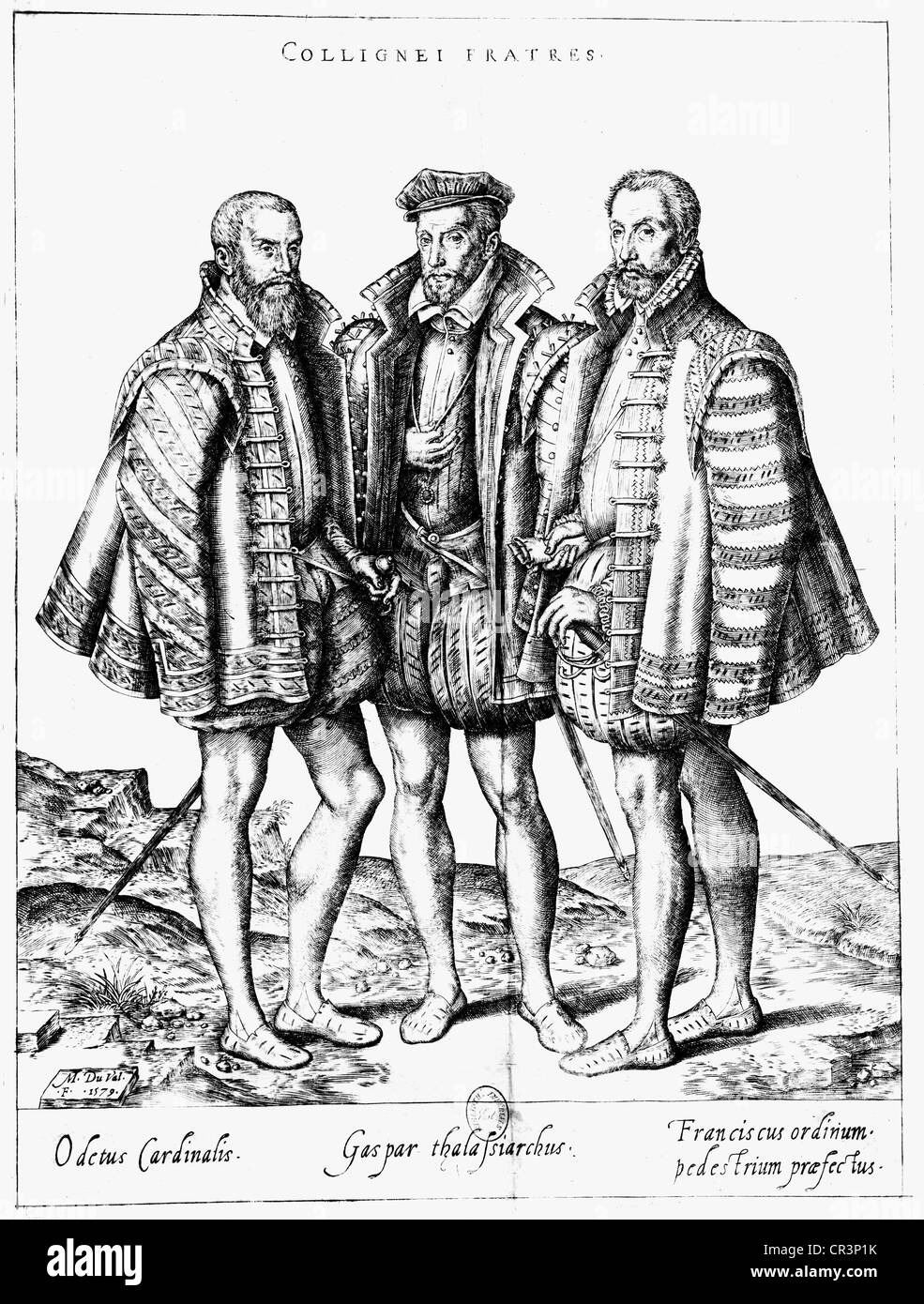 Coligny, Gaspard II de, Lord of Chatillon, 16.2.1519 - 24.8.1572, French politician, Admiral of France 1552 - 1572, with his brothers Odet, Cardinal of Chatillion, and Francois d'Andelot, drawing by Marc Duval, 1579, , Stock Photo