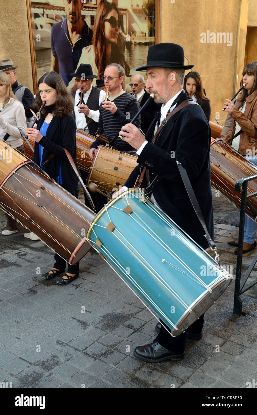 Provençal Musicians or Drummers in Regional Costume Playing Provençal Instruments including Tambourins or Drums Aix-en-Provence Provence France Stock Photo