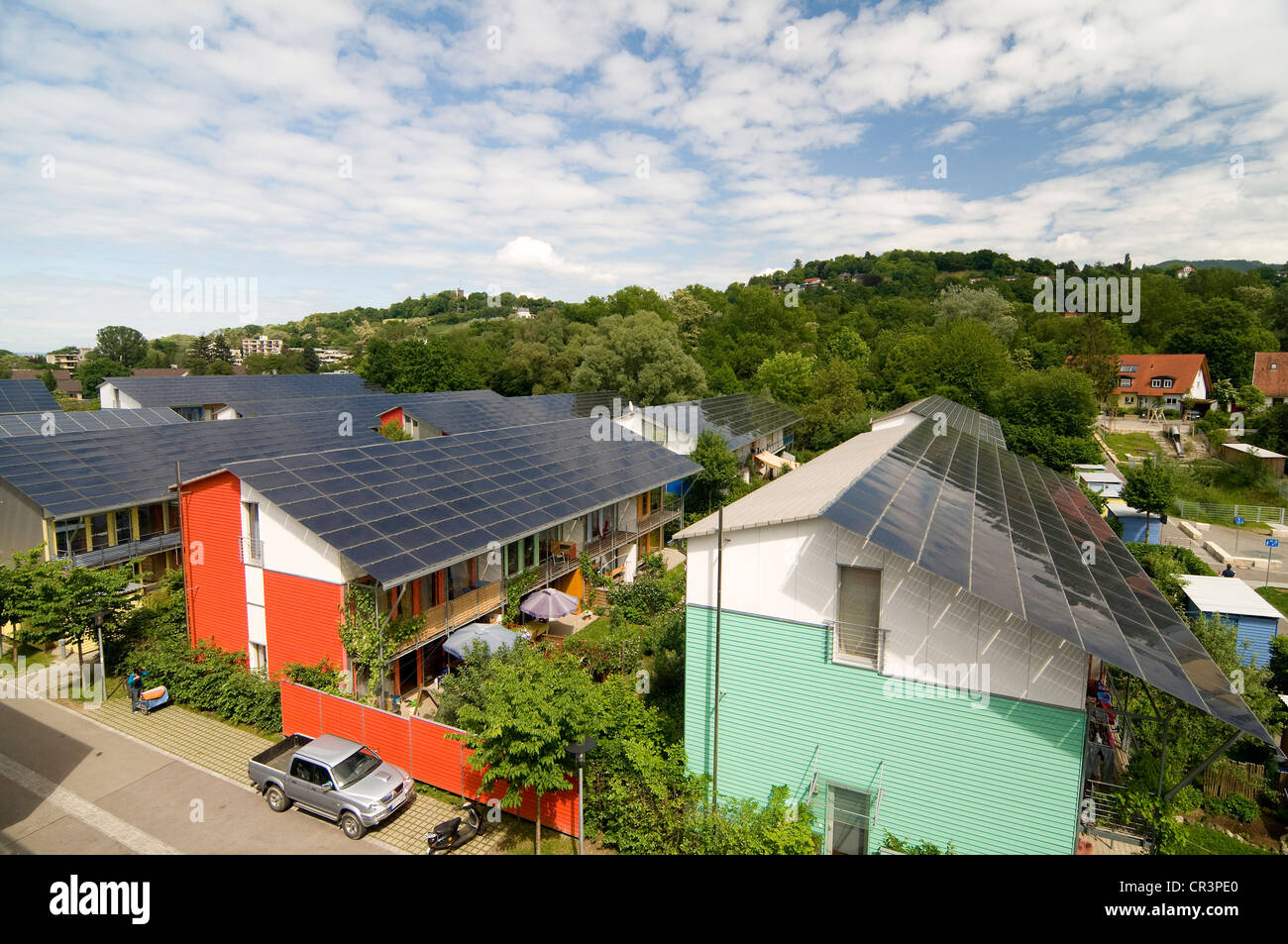 Passive solar houses with solar collectors on the roofs, by architect Rolf Disch, Vauban district, Freiburg im Breisgau Stock Photo