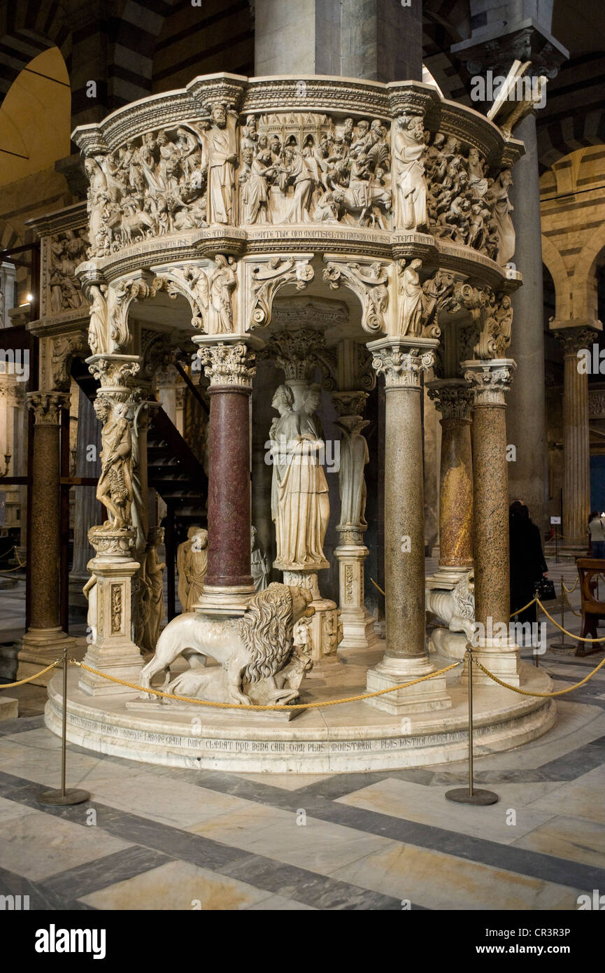 Marble pulpit by Giovanni Pisano, cathedral, Piazza Dei Miracoli square, Pisa, Tuscany, Italy, Europe Stock Photo