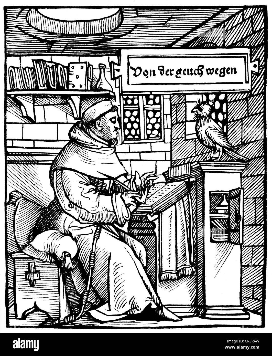 Murner, Thomas, 24.12.1475 - vor 23.8.1537, Alsatian clergyman, popular preacher and poet, as 'Chancellor of the Geucherei' in 'The Geuchmatt', woodcut, 1519, Stock Photo