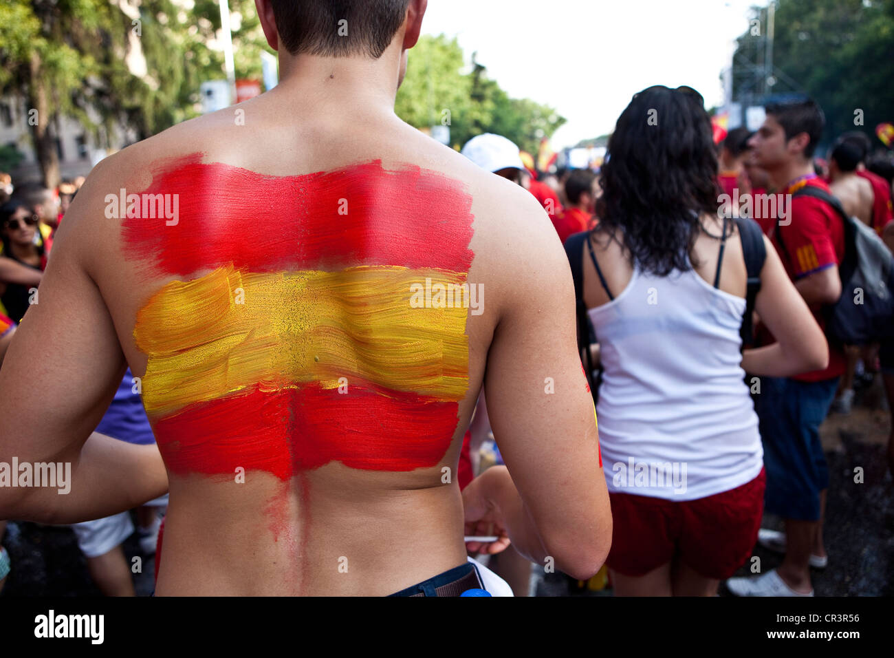 Spanish flag painted on man's back, 2010 FIFA World Cup Final, Madrid, Spain, Europe Stock Photo