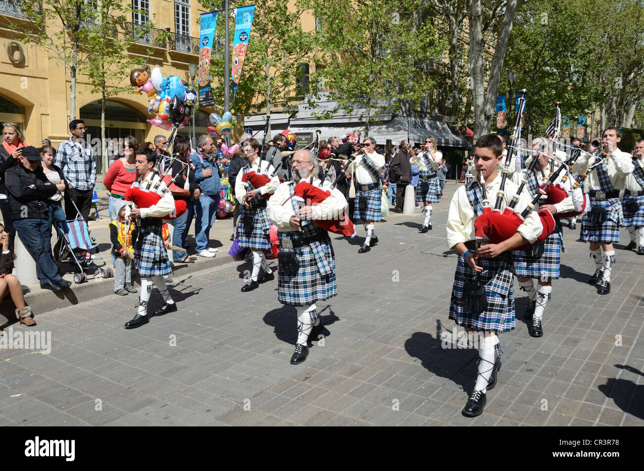 Breton Pipers or Bagpipers from Brittany in Procession at the Spring Carnival on the Cours Mirabeau Aix-en-Provence Provence France Stock Photo