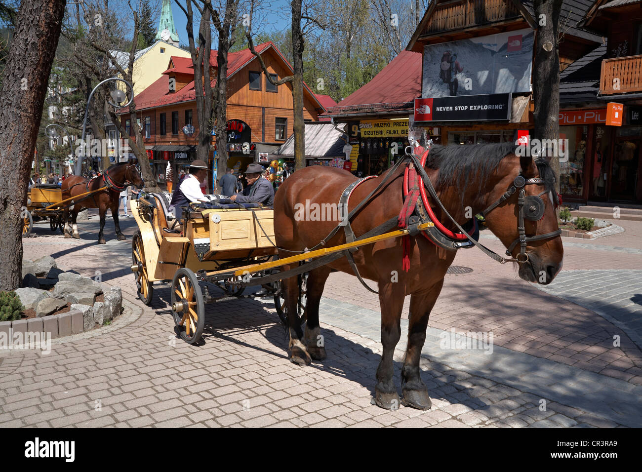 Eastern Europe Poland Tatra Mountain Region Zakopane horse and carriage in main pedestrian Mall Krupowki Stock Photo