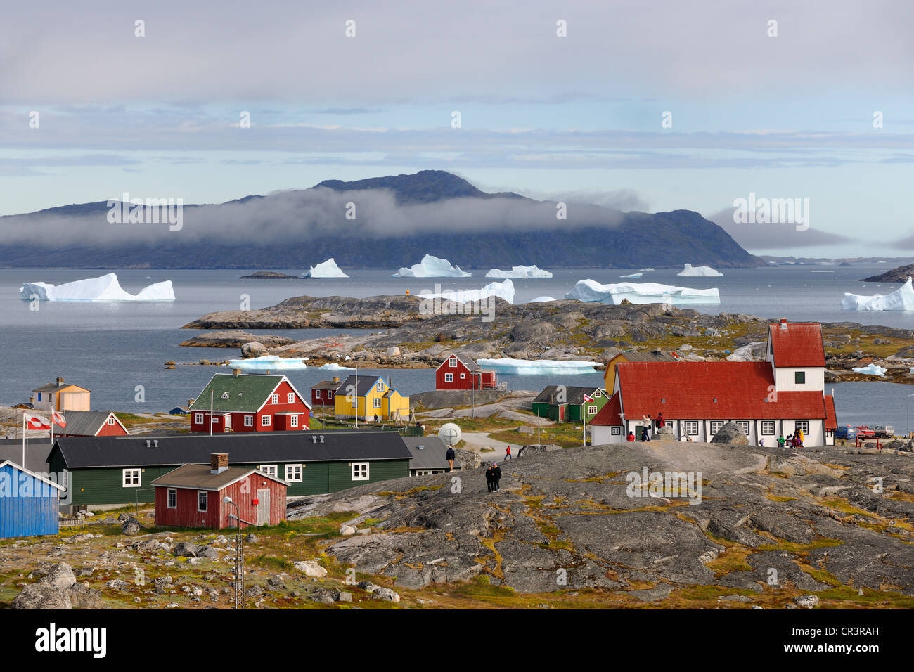 Greenland, city of Nanortalik and icebergs in the bay Stock Photo