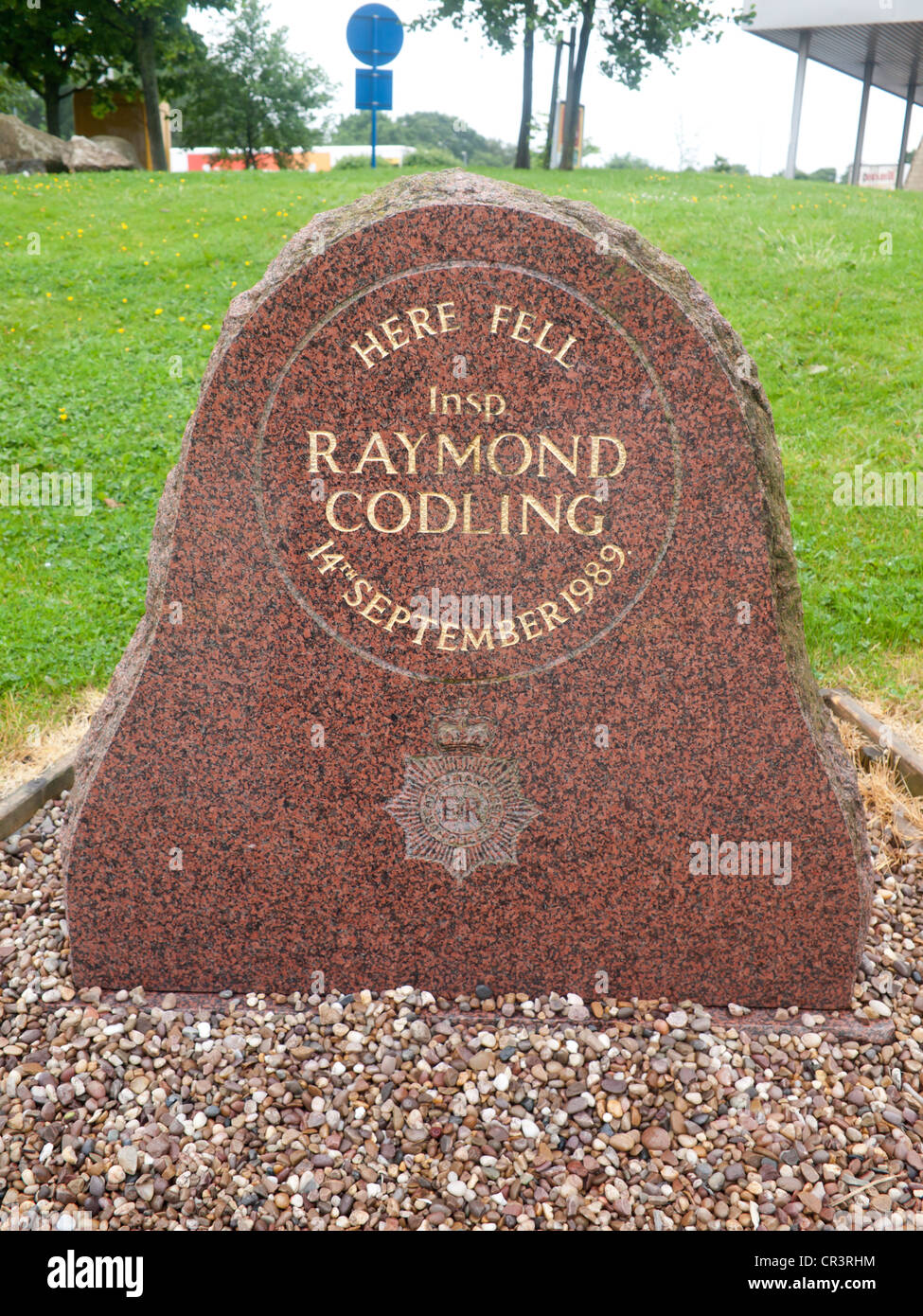 Memorial for Police Inspector Raymond Codling on the Birch Services M62 Westbound where he was shot dead on 14 September 1989 Stock Photo