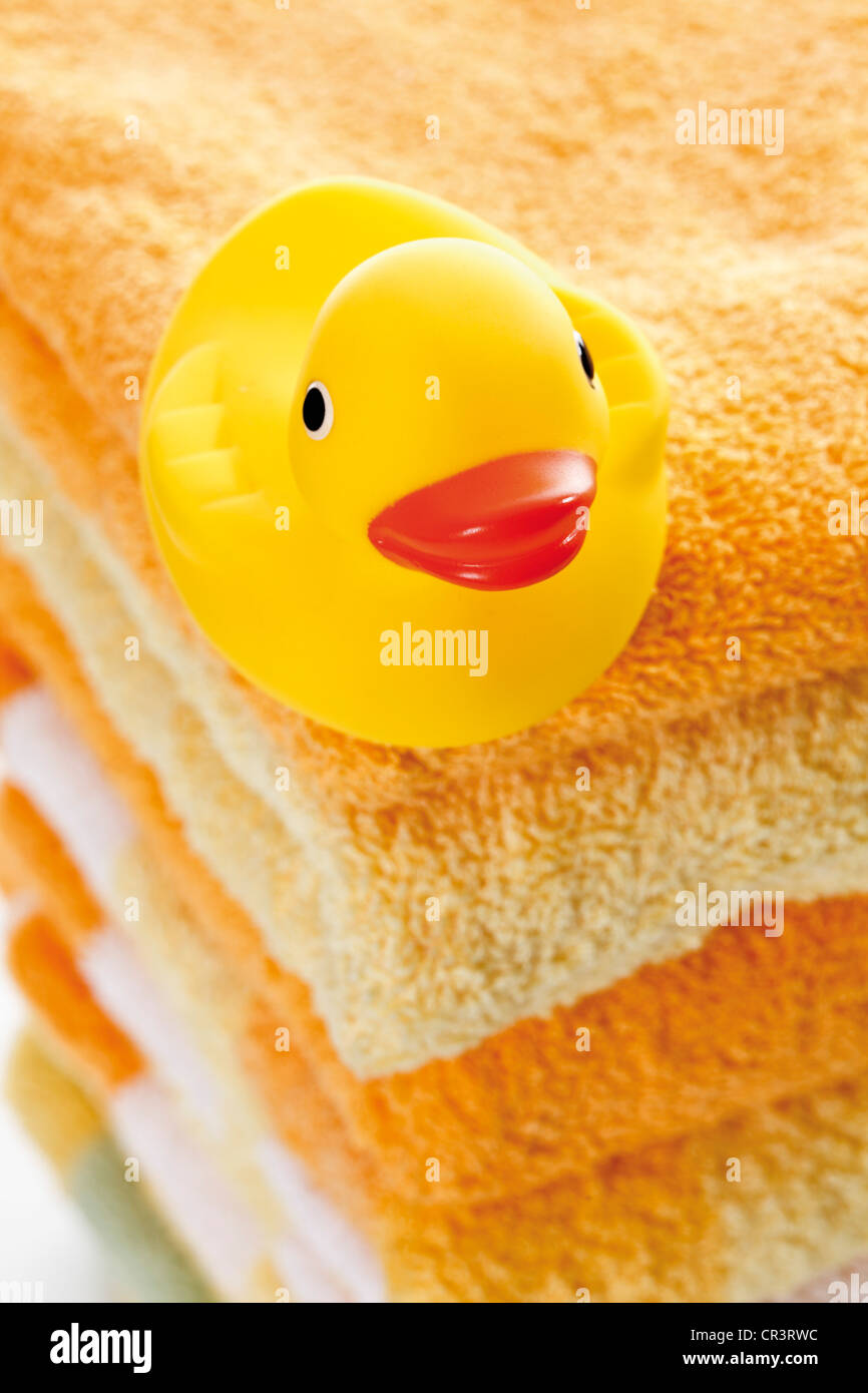 Rubber duck on a stack of towels Stock Photo Alamy