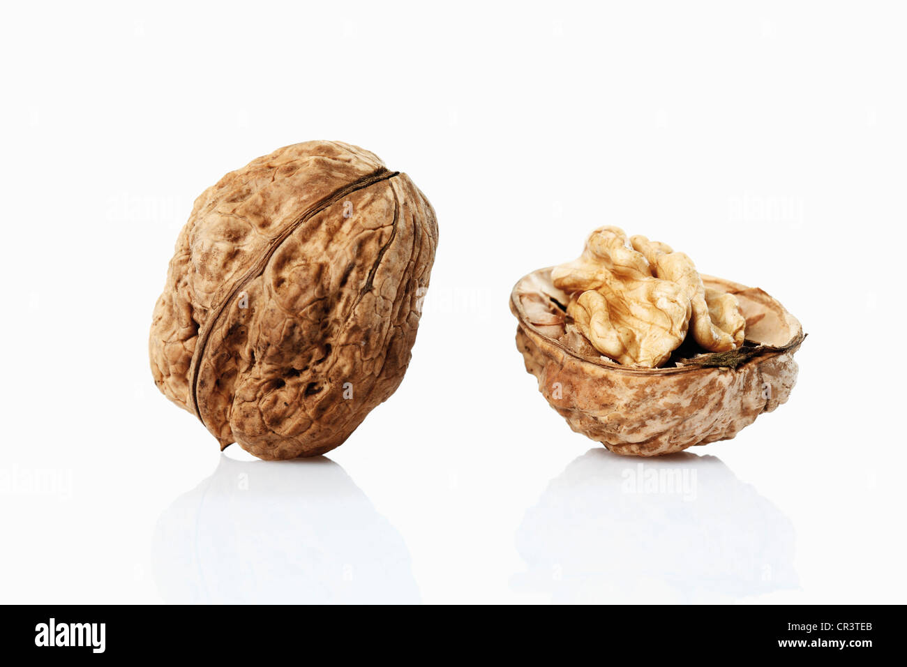 Persian walnut, English walnut (Juglans regia), walnut fruits with shell, halved Stock Photo