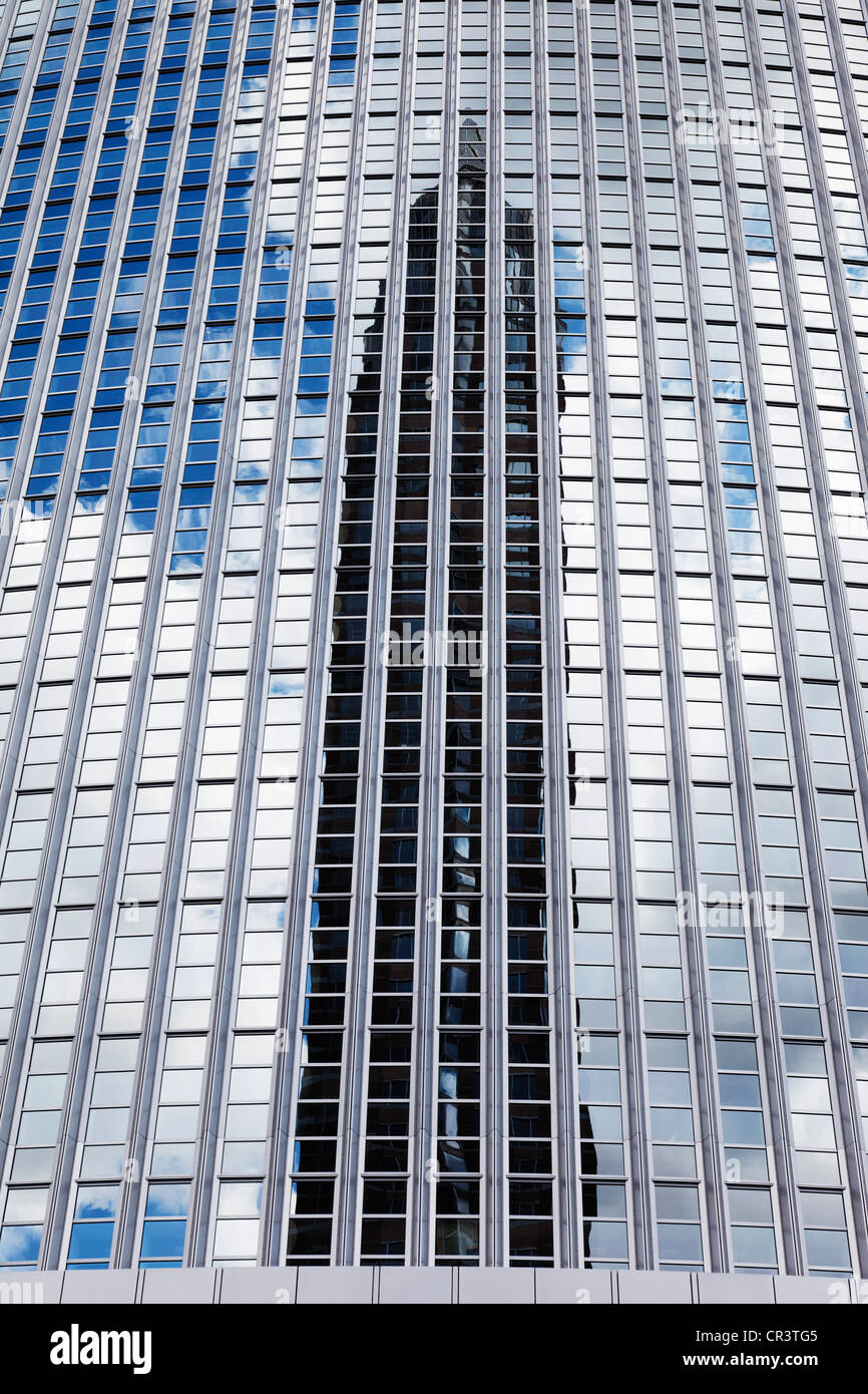 Reflection of Messeturm exhibition tower in facade of Pollux Tower, Friedrich-Ebert-Anlage, Frankfurt am Main, Hesse Stock Photo
