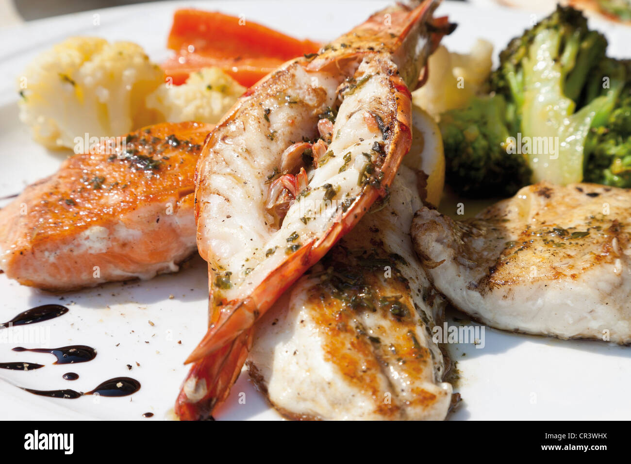 Fish platter, King Prawn, salmon, red mullet, pikeperch fillet