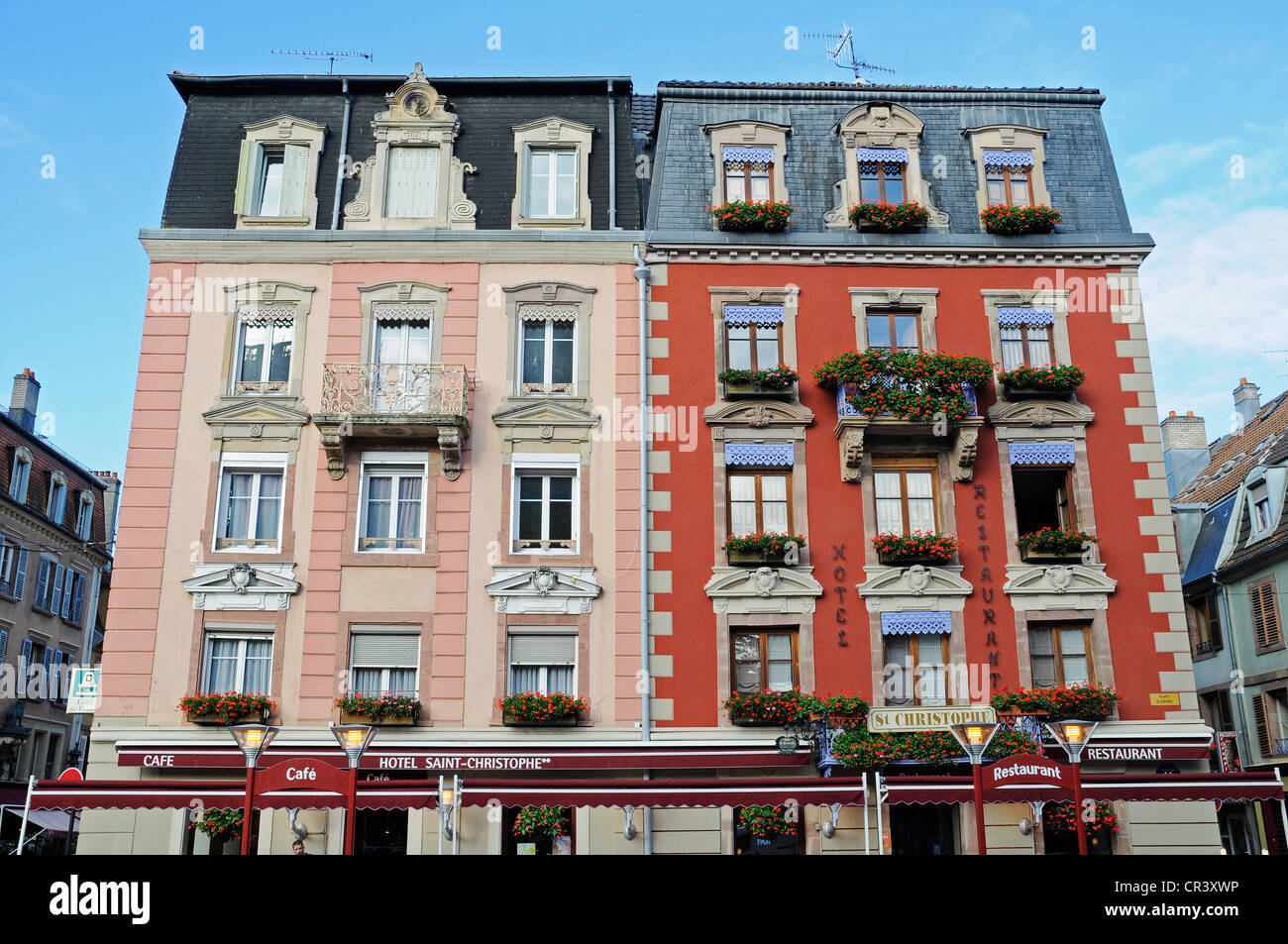 Hotel, restaurant, facades, historic district, Belfort, Franche-Comte, France, Europe, PublicGround Stock Photo