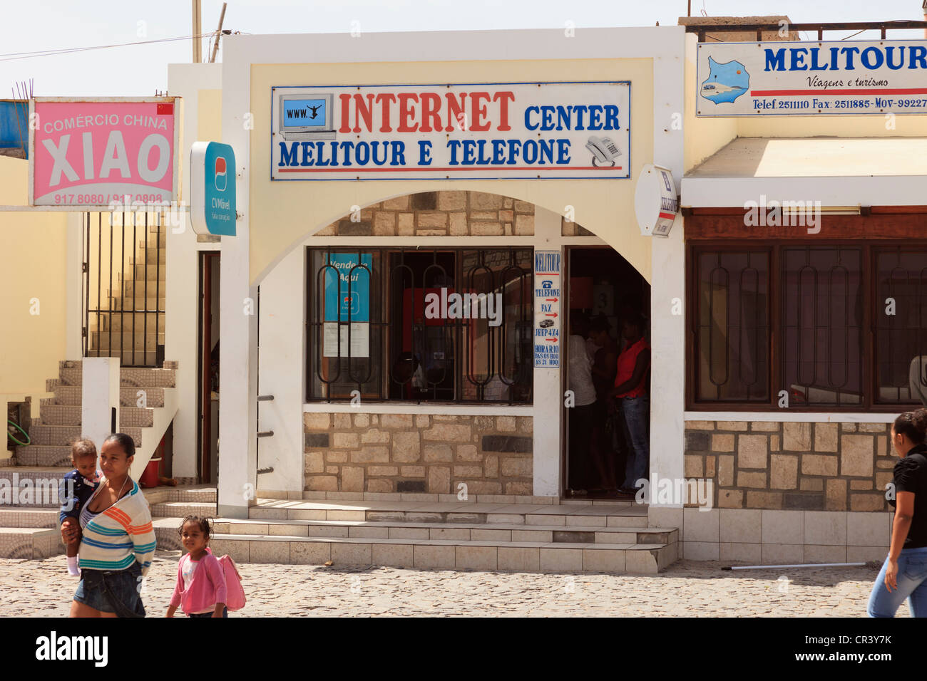 Internet fax and telephone shop in the town centre of Sal Rei, Boa Vista, Cape Verde Islands, Africa Stock Photo