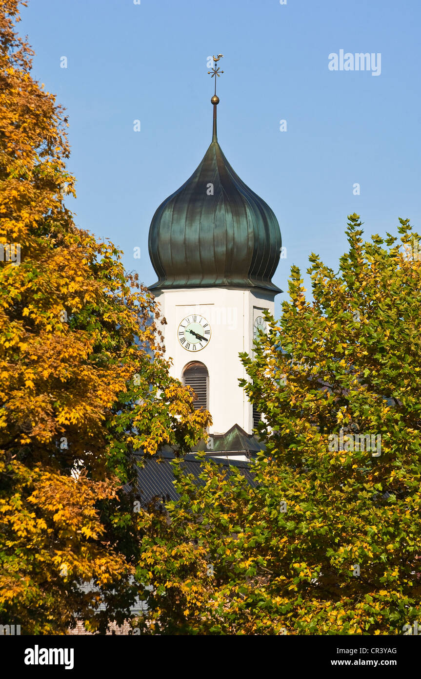 Austria, Vorarlberg, Andelsbuch, onion dome bell tower of Andelsbuch Church in Autumn in Bregenzerwald Valley Stock Photo