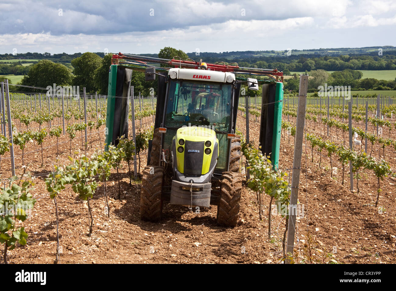 Vineyard tractor with sprayer attached, Hattingley Valley vineyard