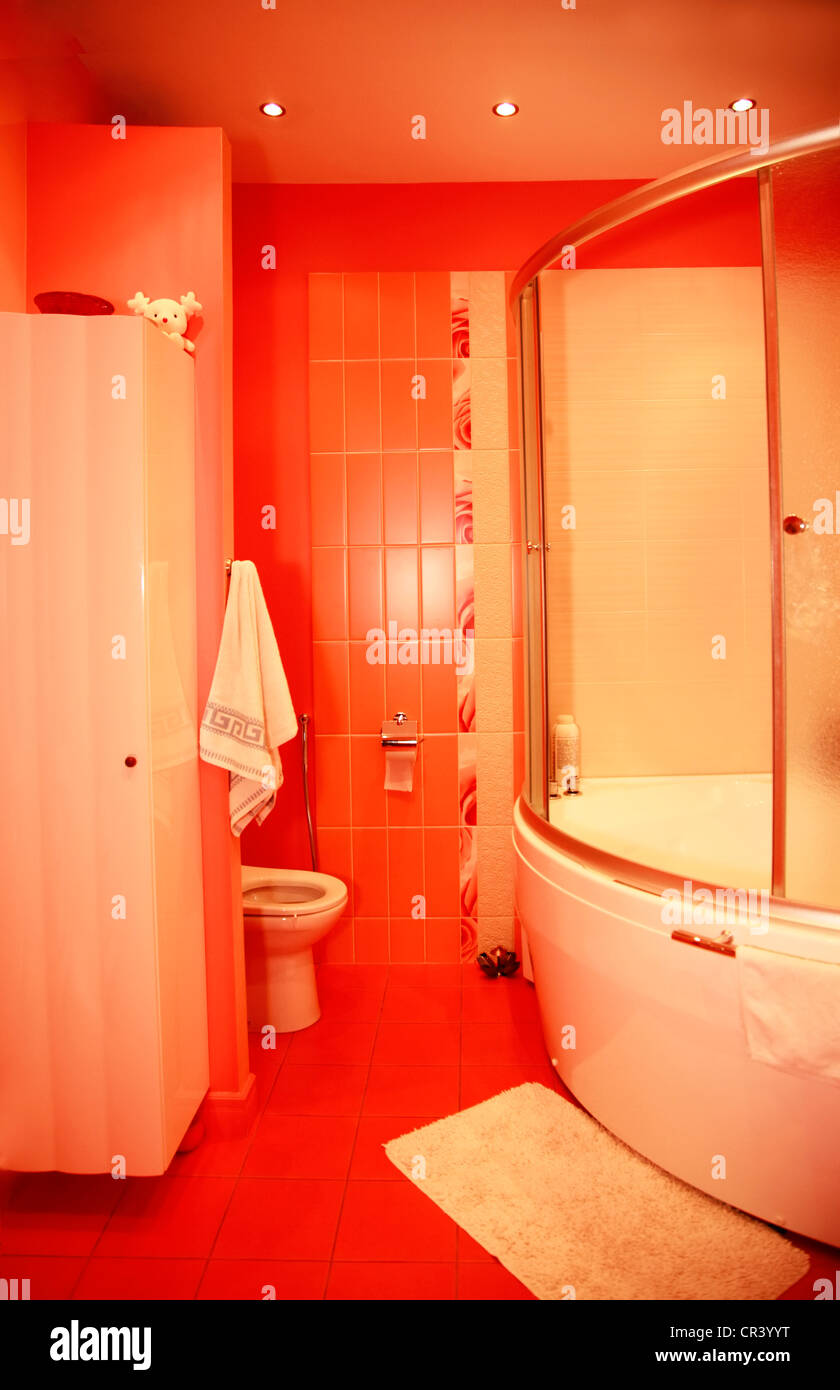 Modern design interior of red bathroom Stock Photo Alamy