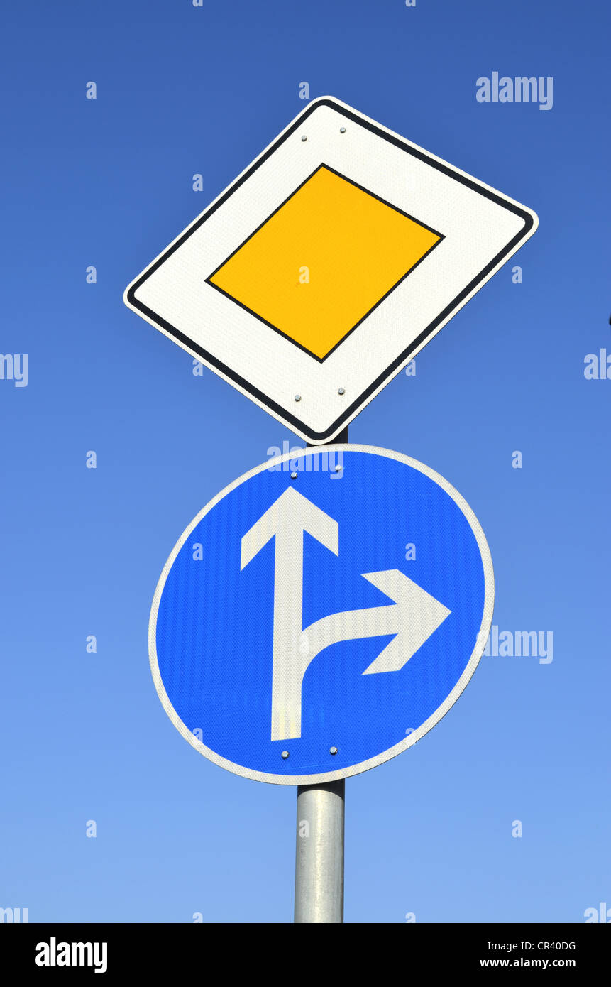 Traffic signs, main road, straight ahead and right turning, Germany, Europe, PublicGround Stock Photo