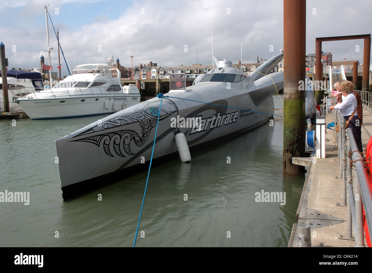 Round the world powerboat record holder Earthrace (AKA Ady Gil), berthed in Lowestoft, Suffolk, UK Stock Photo