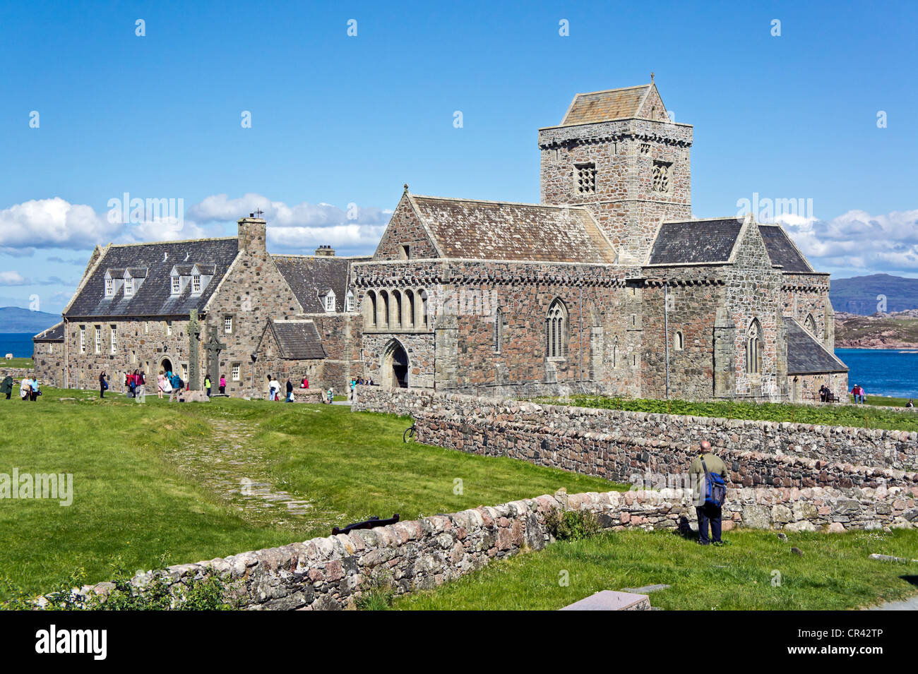 Historic Scotland owned and maintained Iona Abbey at Baile Mor on the east coast of island Iona off Mull in west Scotland Stock Photo
