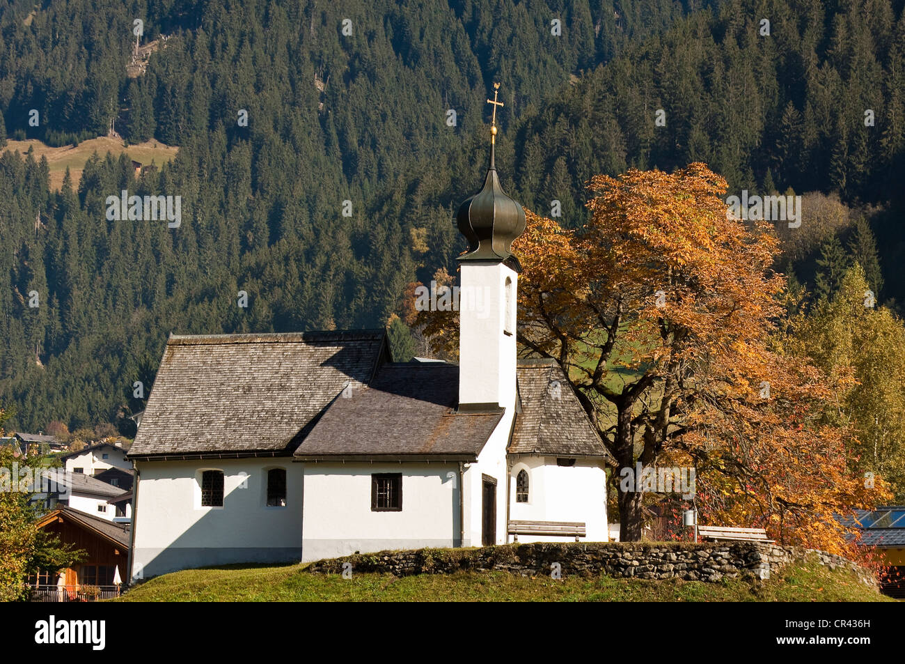 Austria, Vorarlberg, Gaschurn, Montafon Valley, baroque church bulbous tower Stock Photo