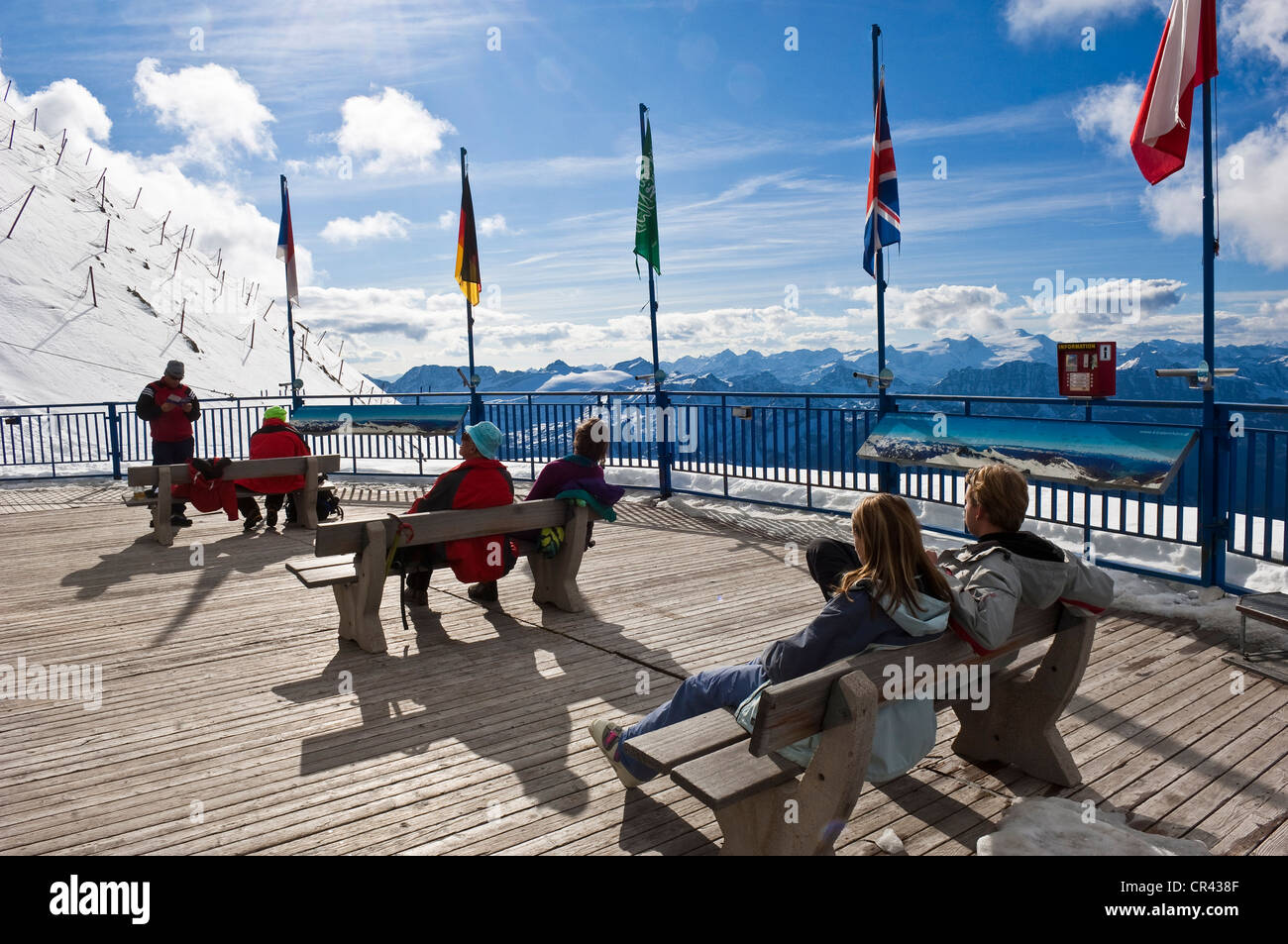 Austria, Salzburger Land, Kaprun, Kitzsteinhorn mountain, panoramic terrace to the arrival station of the glacier cable car Stock Photo