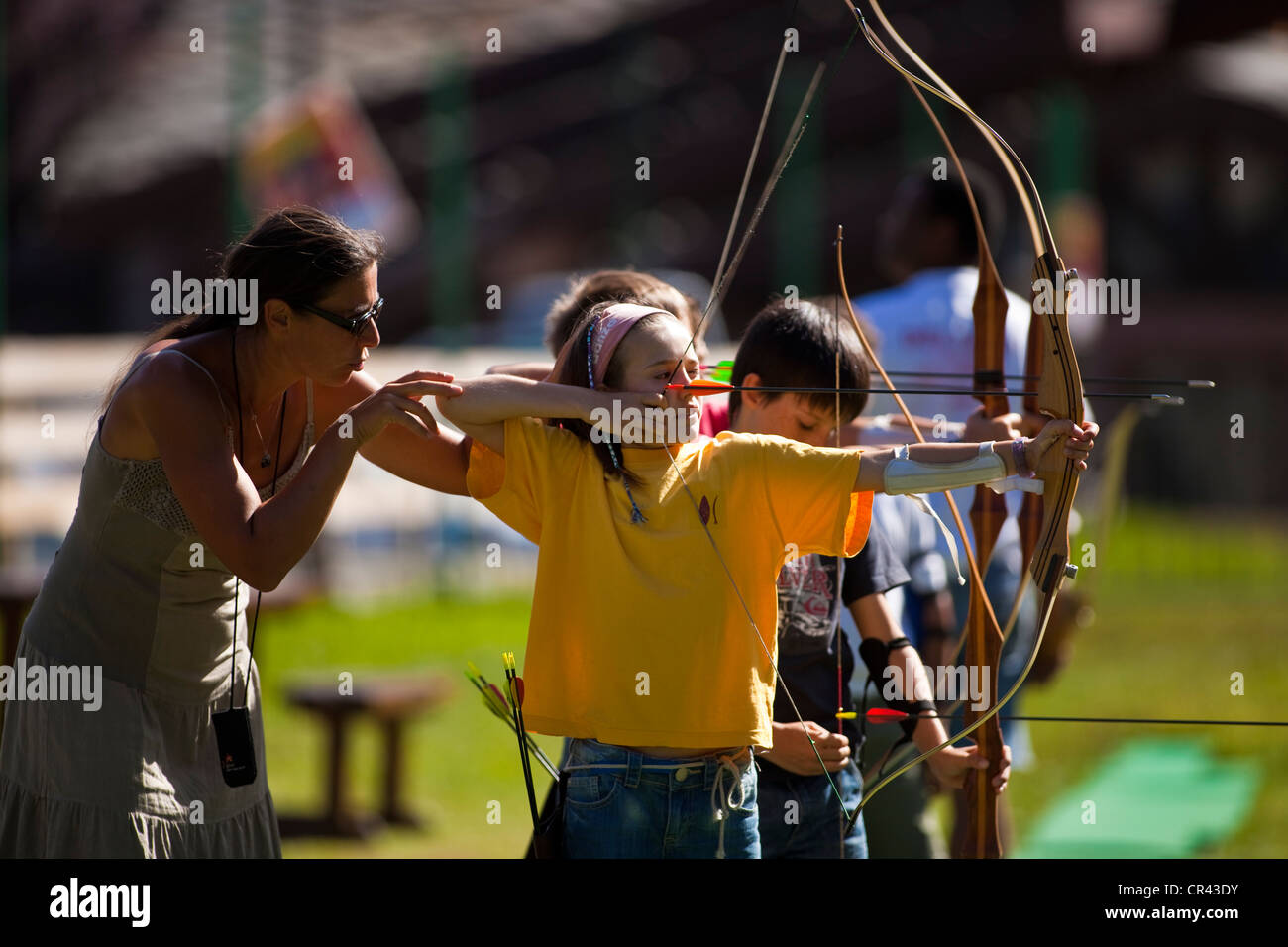 France, Savoie, Valmorel, Archery practice Stock Photo