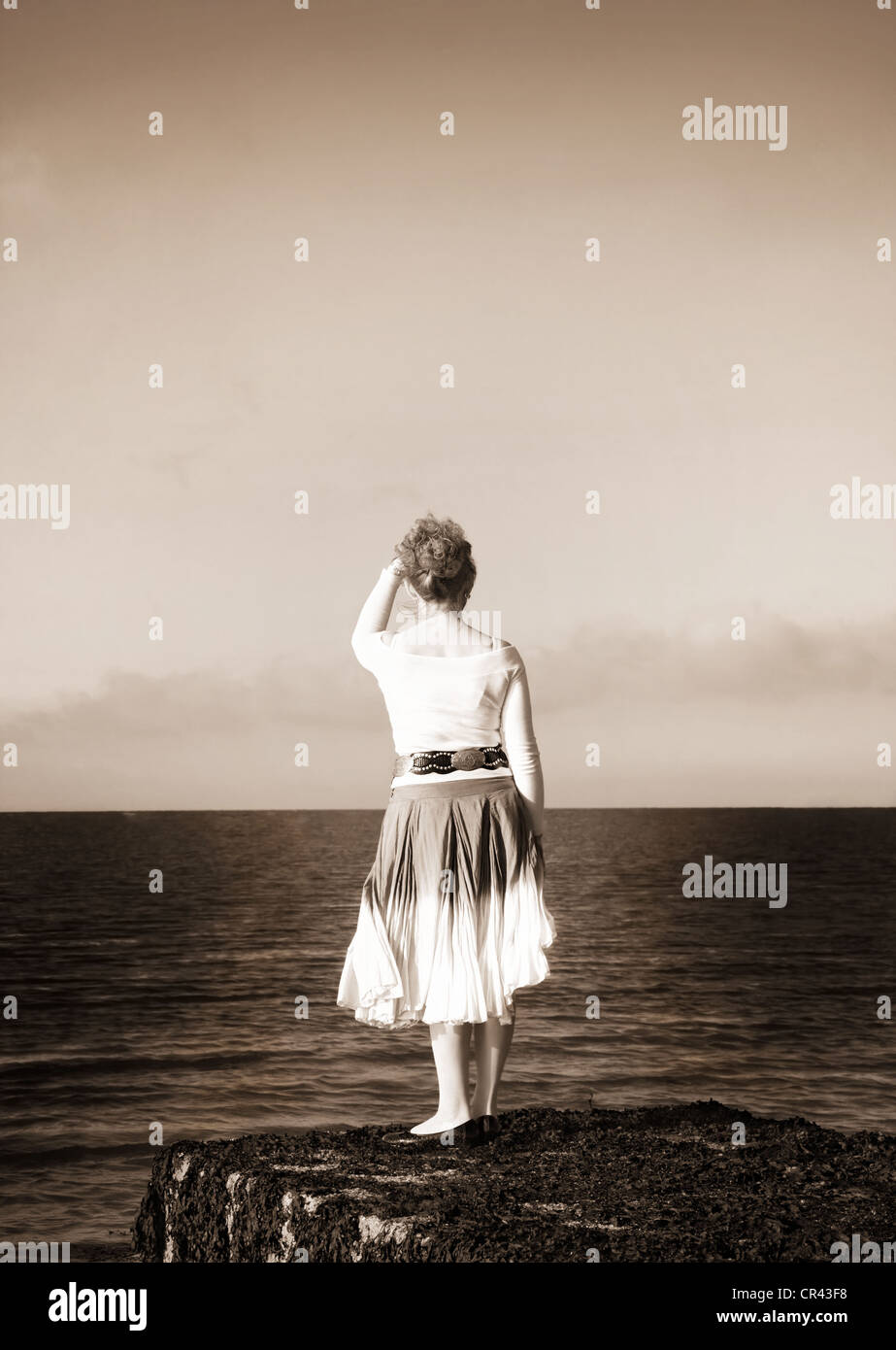 Woman With Blonde Hair Looking At The Sea Custom Black And White