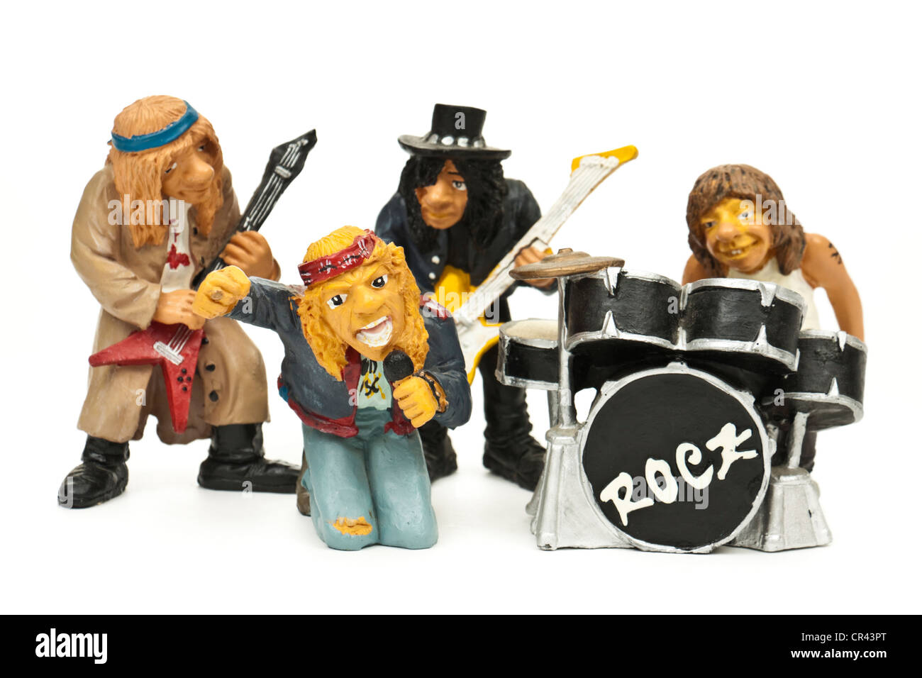 Miniature rock band with two guitarists, drummer and lead singer Stock