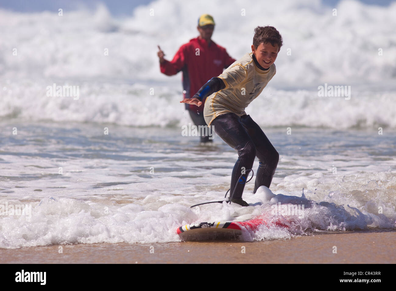 France, Landes, Biscarrosse Plage, surf training in the atlantic ocean Stock Photo