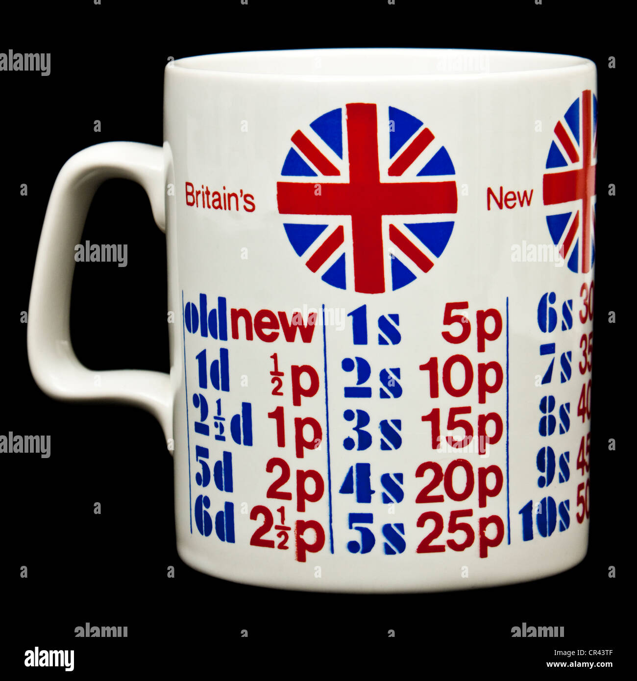 Vintage ceramic mug promoting Britain's change to decimal currency on 15th February 1971 Stock Photo