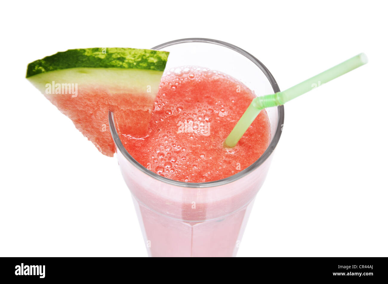 Watermelon smoothie garnished with watermelon slices close-up over white Stock Photo