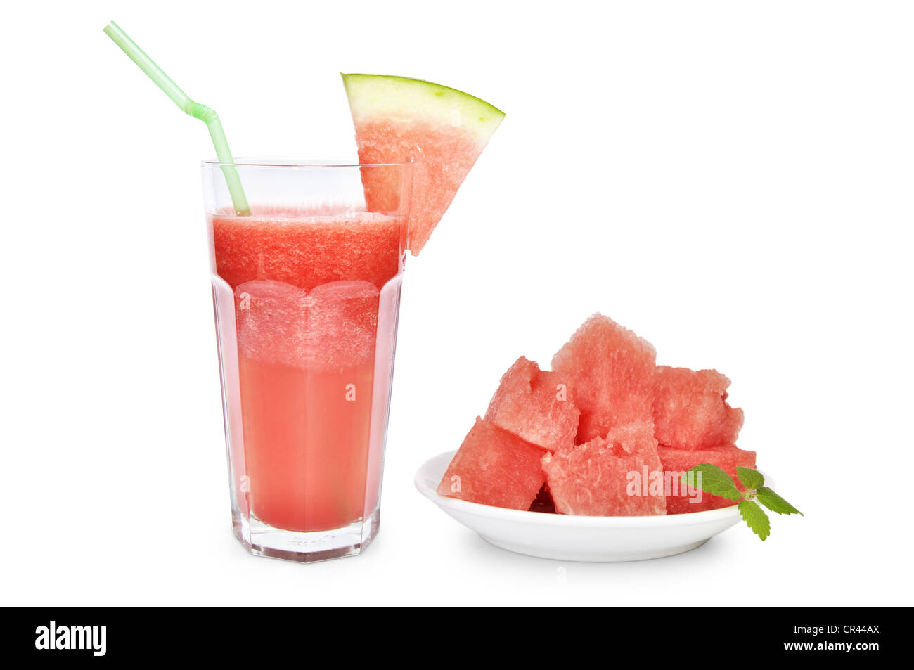 Watermelon smoothie with watermelon slices on white plate isolated on white Stock Photo