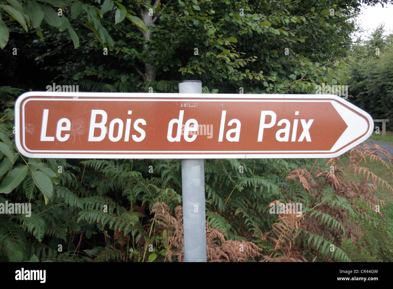 Sign to the Bois de la Paix (the Wood of Peace), near Bastogne,Walloon