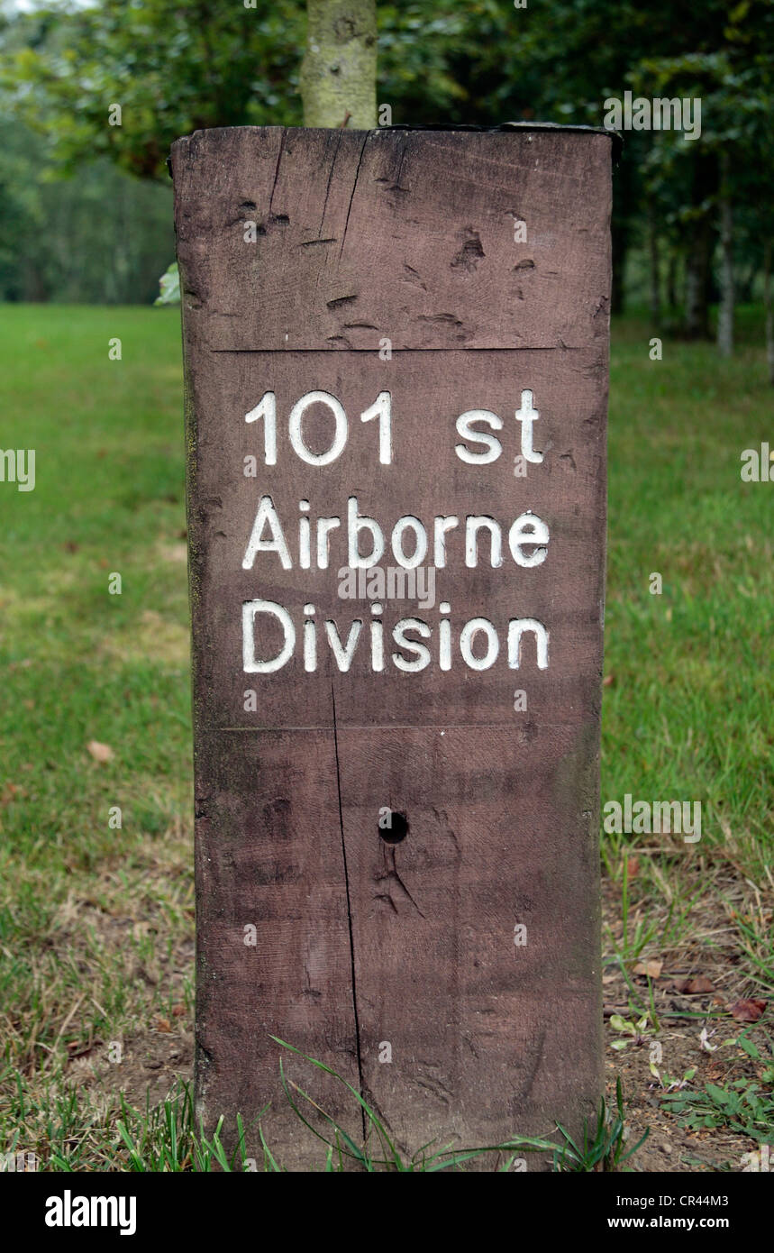 Memorial marker (tree to the 101st Airborne Division in the Bois de la Paix (Wood of Peace), near Bastogne,Walloon, Belgium. Stock Photo