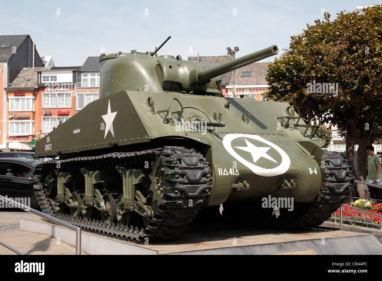 An American World War Two Sherman tank on display in the main town square in Bastogne,Walloon, Belgium. Stock Photo