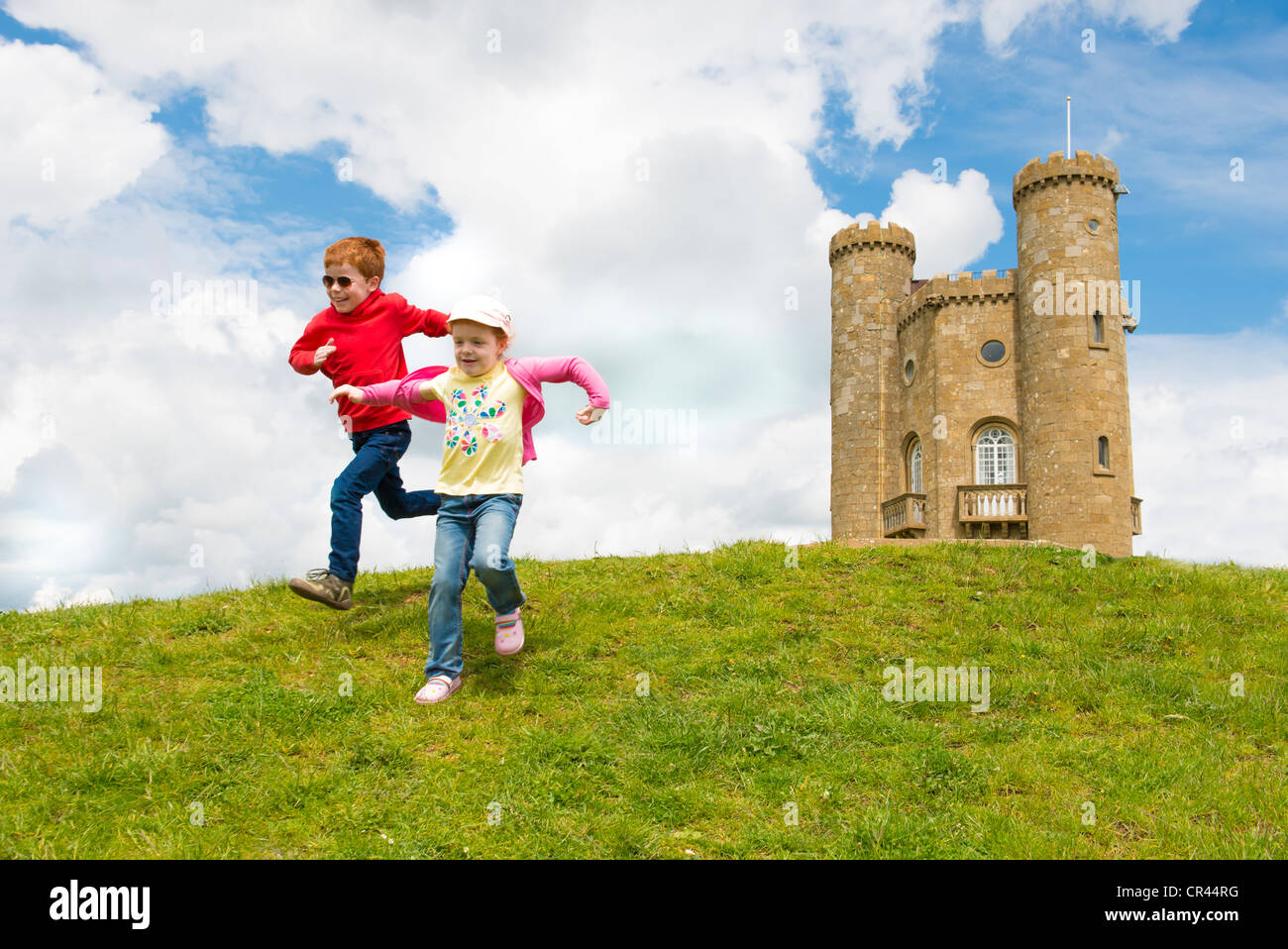Children playing at Broadway Tower, Broadway, The Cotswolds, England. Stock Photo