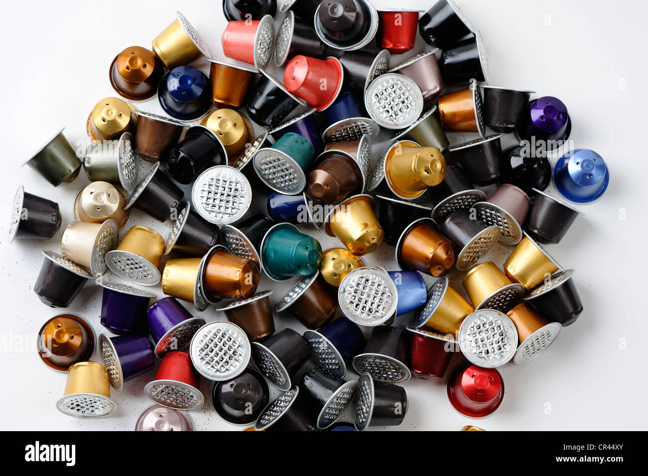 Spent or used empty Nespresso capsules, coffee capsules, aluminium capsules,  raw material recycling Stock Photo - Alamy