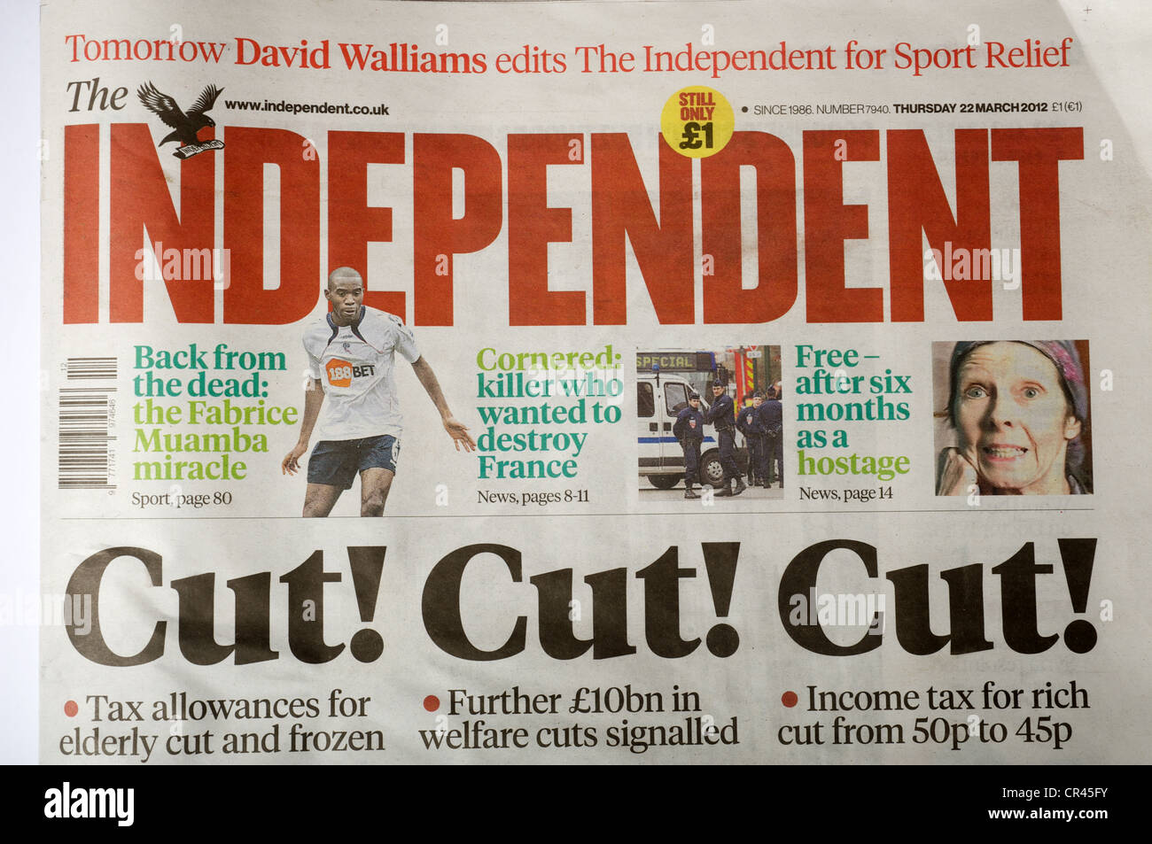 The Independent newspaper from 22nd March 2012, the day after the budget with the headline Cut! Cut! Cut! Stock Photo