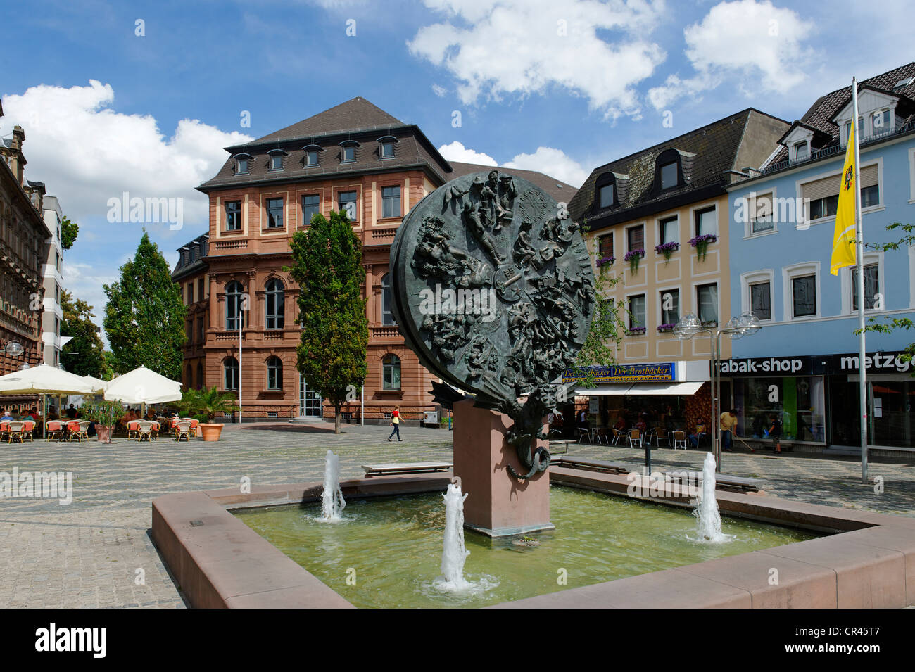 Schicksalsrad, wheel of destiny, by Gustav Nonnenmacher, Obermarkt square with Local Court, Worms, Rhineland-Palatinate Stock Photo