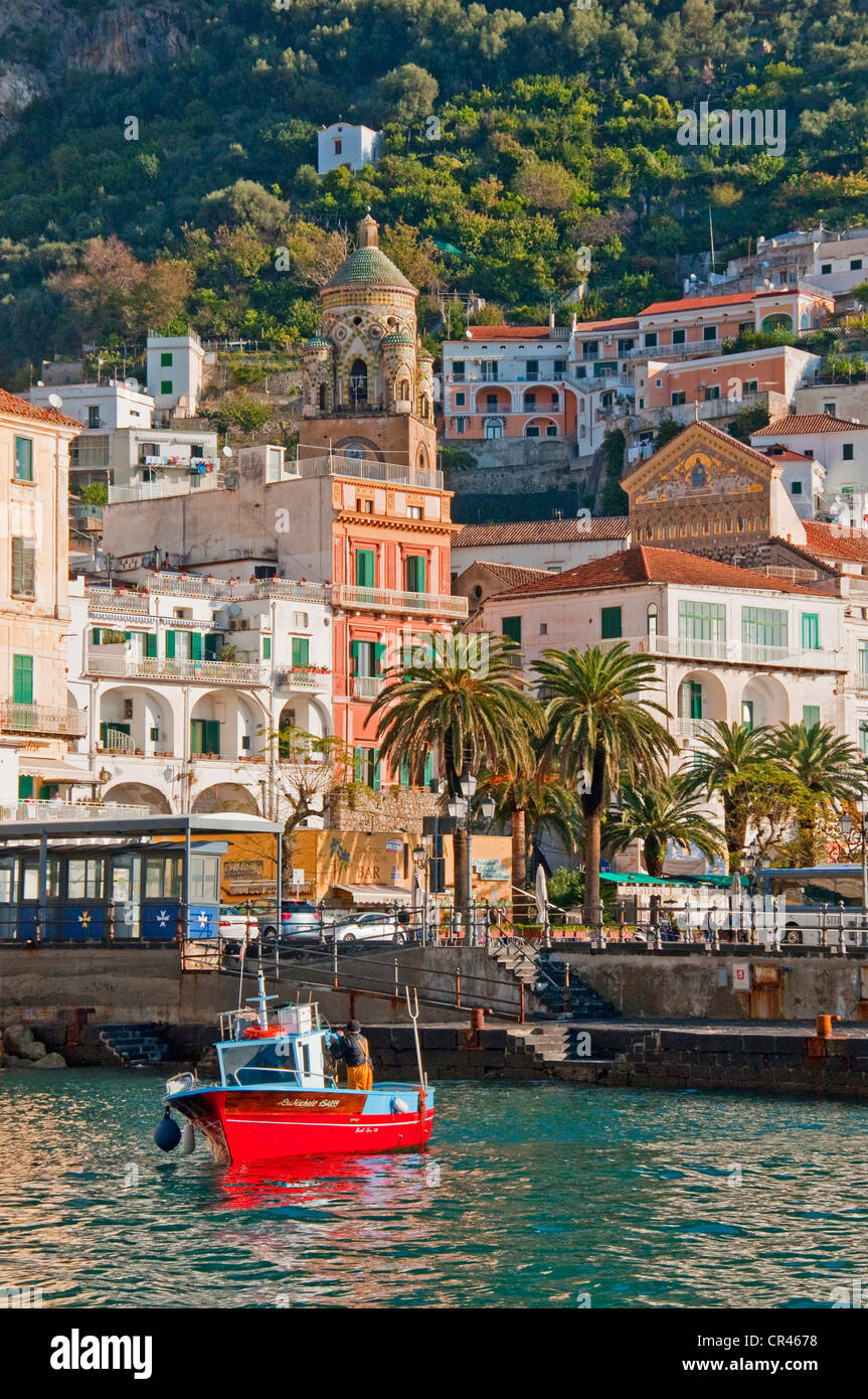 Italy: Amalfi from harbor with Cathedral of Saint Andrew (Duomo di San Andreas) Stock Photo