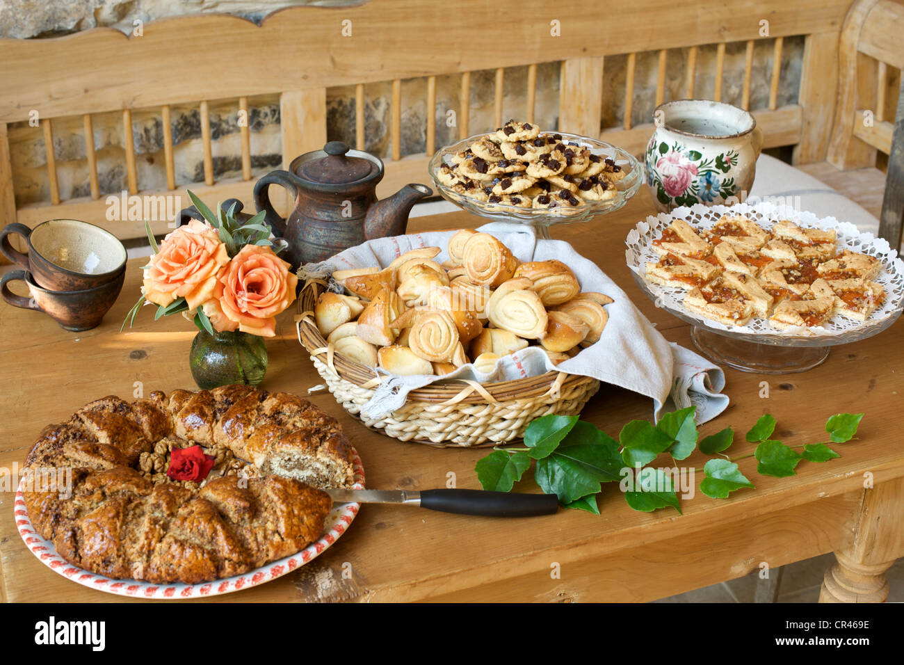 Walnut tart and pastries on a table in Hungary. Stock Photo